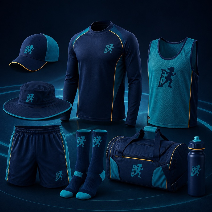 Cricket club cap, sun hat, training top, shorts, bib, socks, bag and bottle