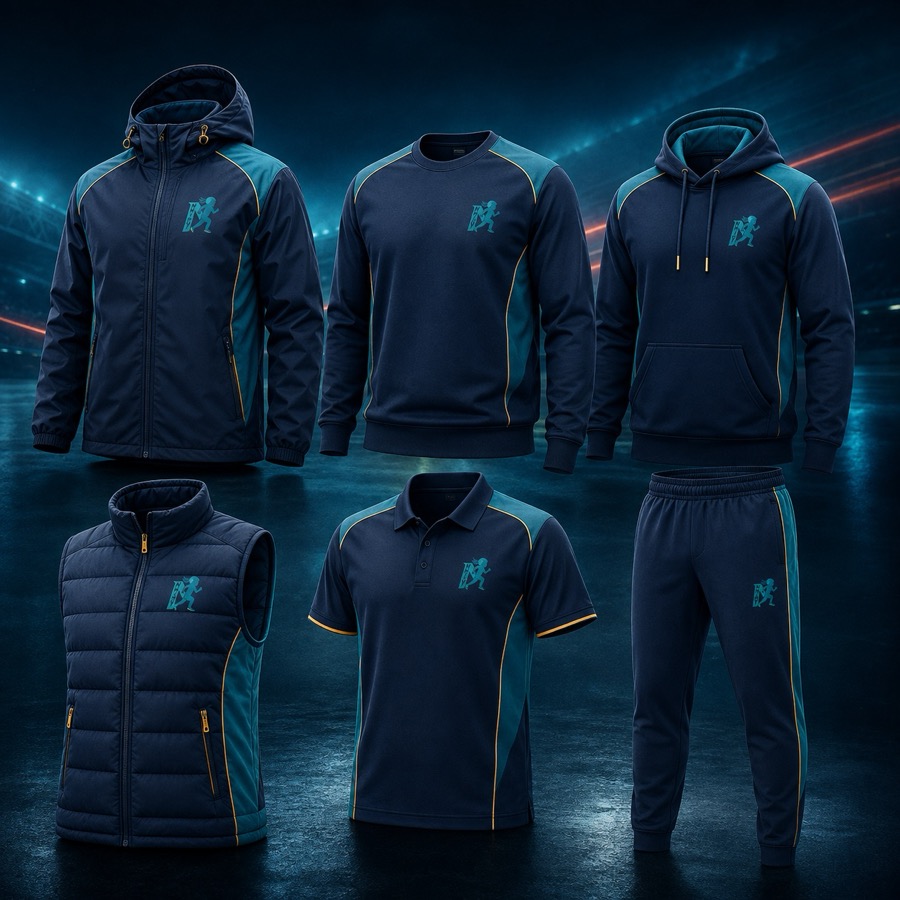 Cricket club jacket, jumper, hoodie, padded vest, polo and track pants
